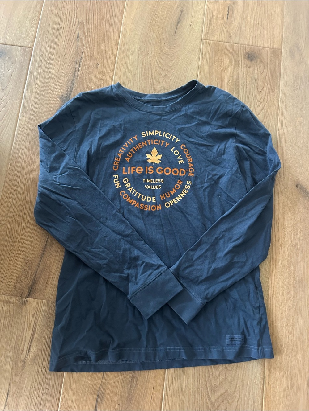 Life Is Good Navy Long Sleeve Tee with Orange Circular Graphic